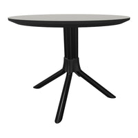 Black round table with a sleek black base and minimalist design, perfect for modern decor.