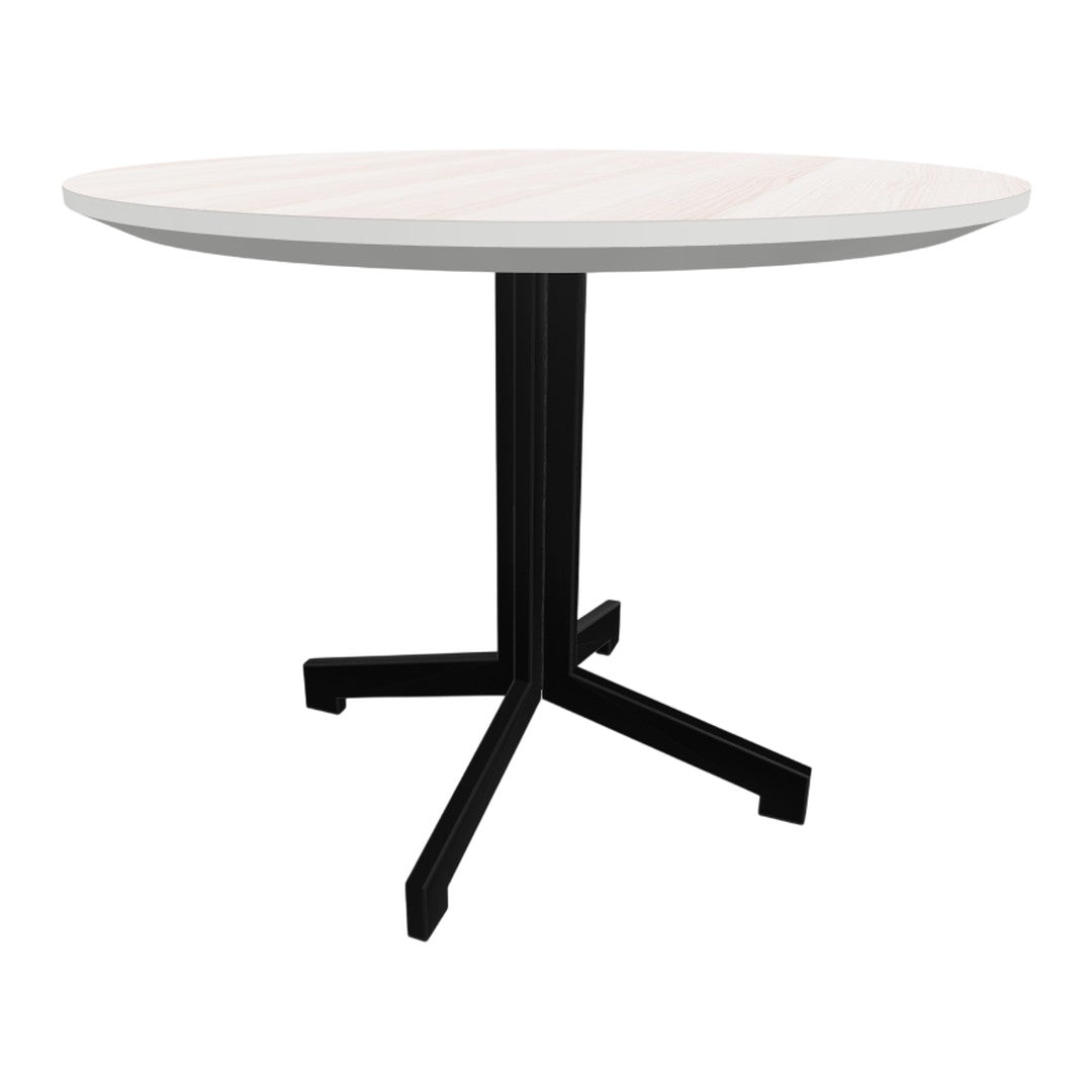 Round table with a light wood top and sleek black metal legs, featuring a minimalistic design.