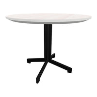 Round table with a light wood top and sleek black metal legs, featuring a minimalistic design.