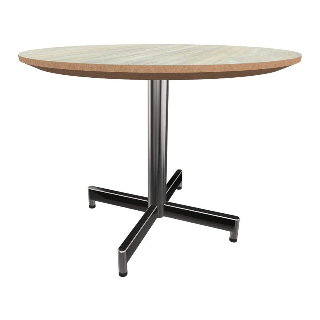 Round wooden tabletop with a natural wood finish, supported by a sleek black metal base. Modern design, neutral colors.