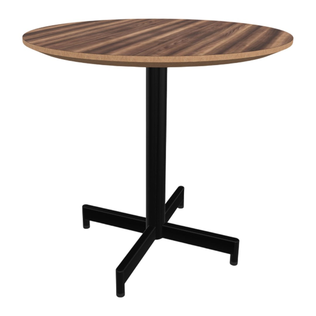 Round wooden table with rich brown wood grain and a sleek black metal base. Modern and stylish design.
