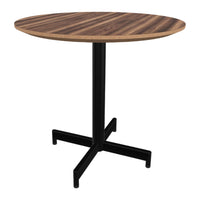Round wooden table with rich brown wood grain and a sleek black metal base. Modern and stylish design.