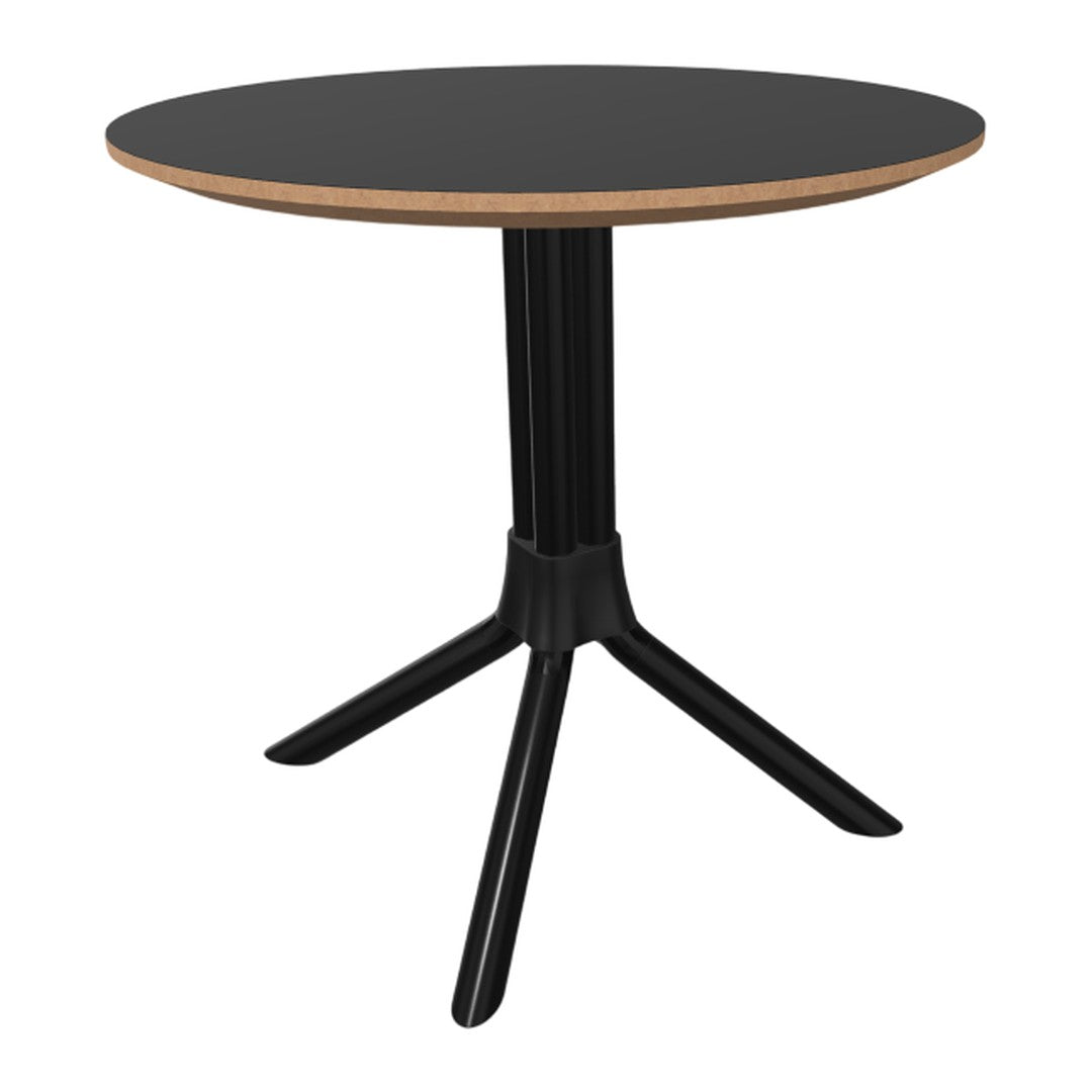Black round tabletop with a natural wood edge; sleek black legs offer a modern contrast.