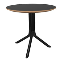 Black round tabletop with a natural wood edge; sleek black legs offer a modern contrast.
