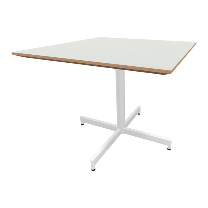 Square table with a white surface and natural wood edge, featuring a sleek white metal base. Perfect for modern spaces.