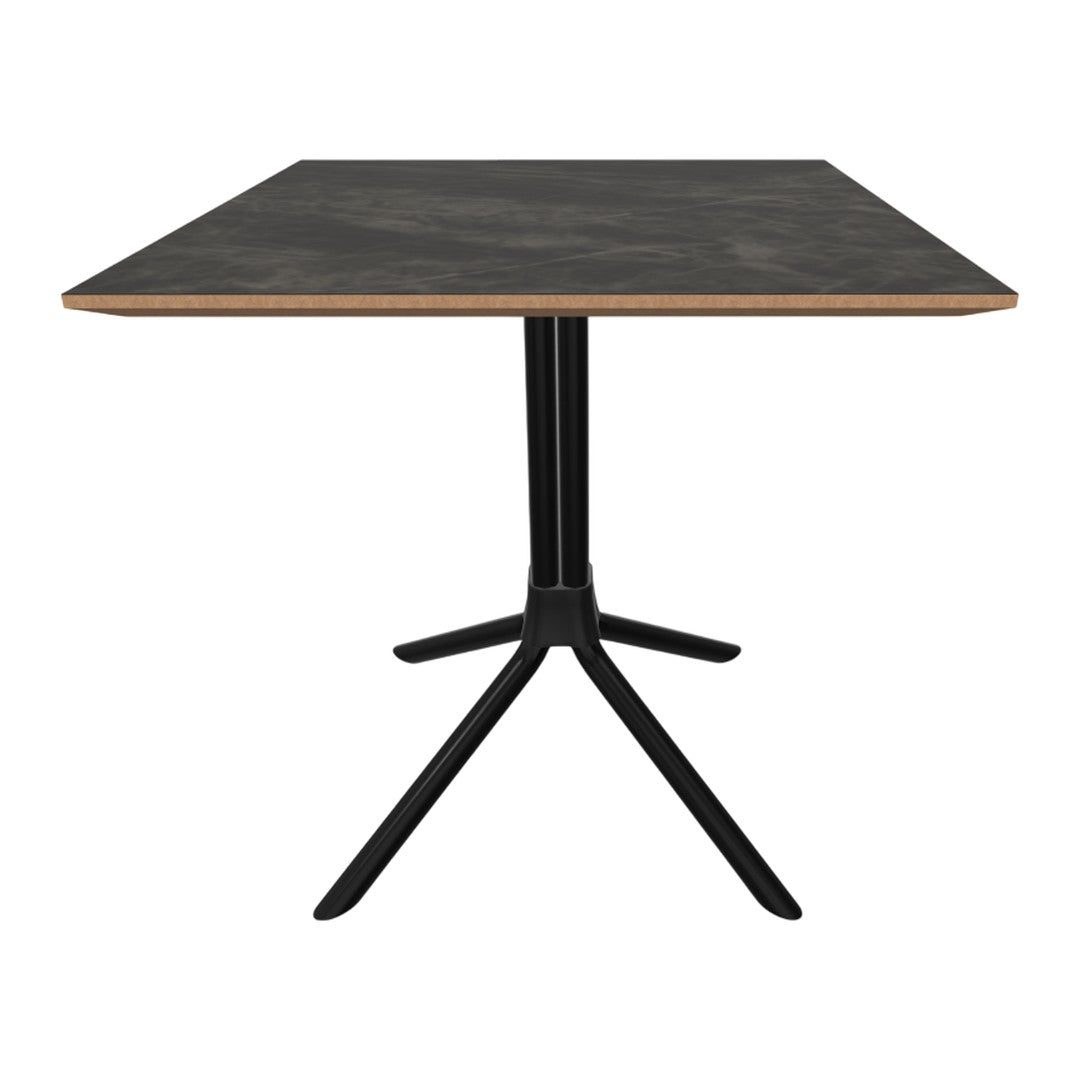 Modern black table with a sleek dark patterned top and contrasting wood edge, perfect for contemporary decor.