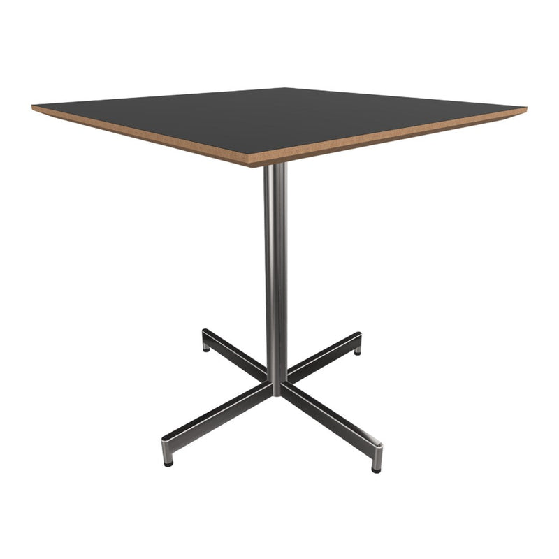 Square table with a sleek black top and a natural wood edge, featuring a modern metal base in a polished finish.