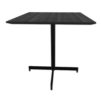 Black square table with a sleek wood grain texture and minimalist metal base, ideal for modern decor.