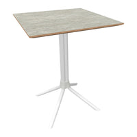 Square table with a textured gray wood top and a sleek white base, perfect for modern decor.