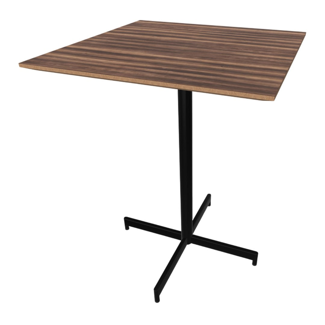 Brown wooden tabletop with subtle stripes and black metal base for a modern, stylish look.