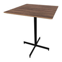Brown wooden tabletop with subtle stripes and black metal base for a modern, stylish look.
