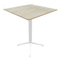 Light wood tabletop with a natural texture, complemented by a sleek white metal base. Modern and minimalistic design.