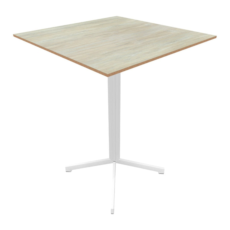 Light wood tabletop with a natural texture, complemented by a sleek white metal base. Modern and minimalistic design.