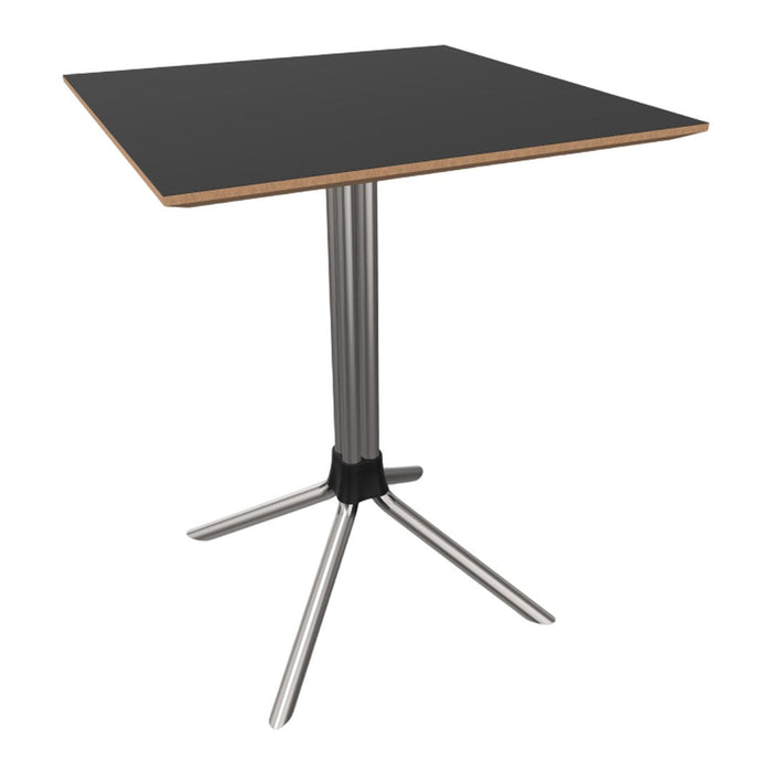 Black square tabletop with light wood edges, supported by a sleek silver metal base, stylish and modern design.