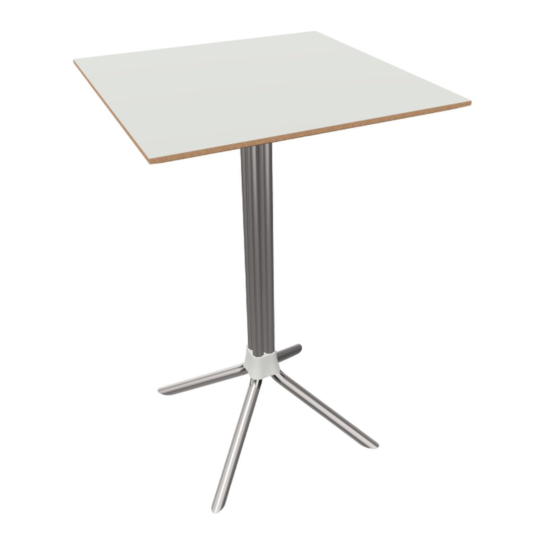 White square tabletop with a natural wood edge and a sleek silver metal base. Modern design with clean lines.