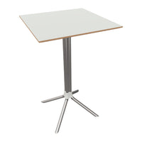White square tabletop with a natural wood edge and a sleek silver metal base. Modern design with clean lines.