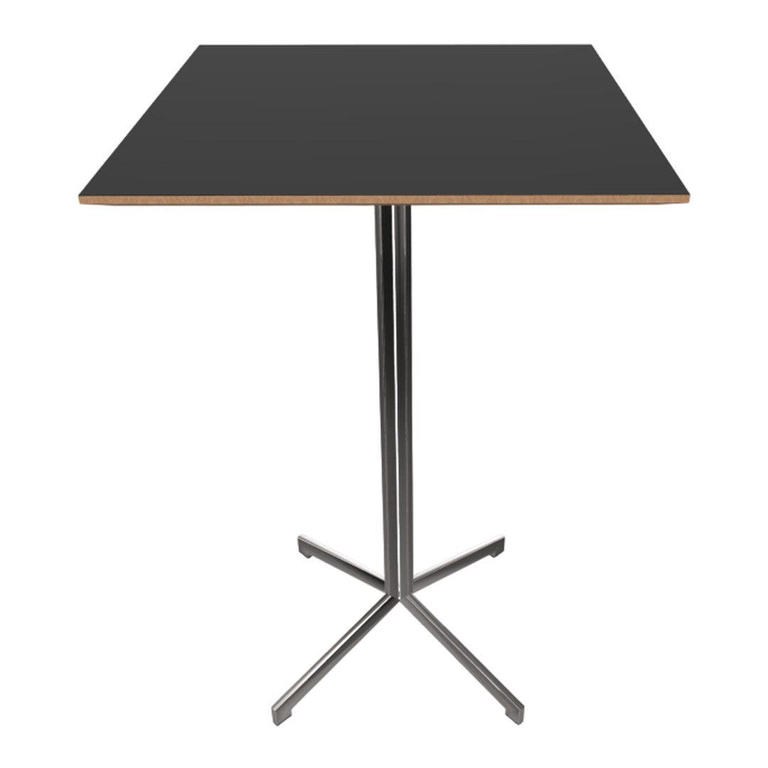 Black square tabletop with a natural wood edge and metallic silver base, offering a modern and sleek design.