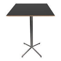 Black square tabletop with a natural wood edge and metallic silver base, offering a modern and sleek design.