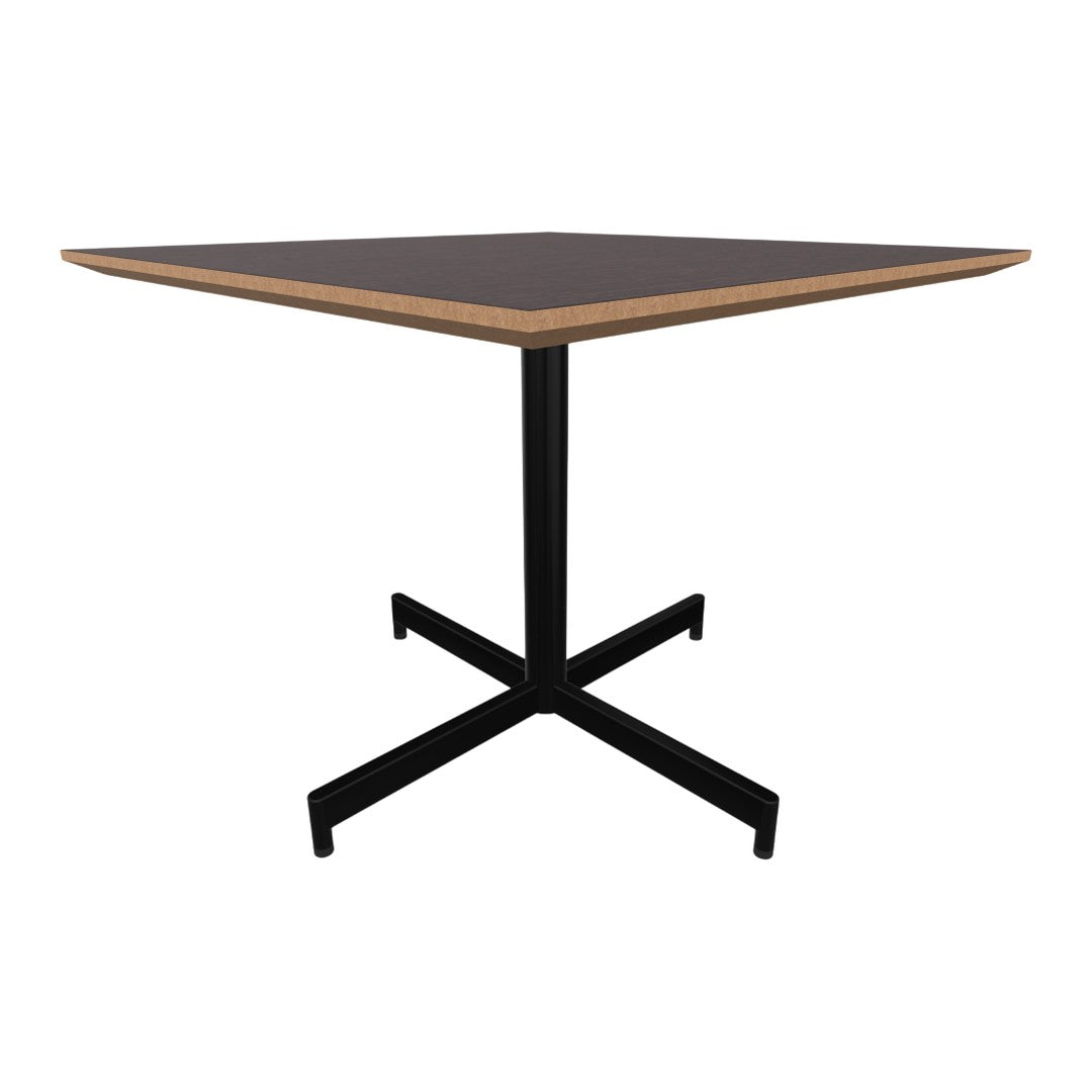 Brown top with light wood edges and a sleek black metal base, featuring a minimalist square design.