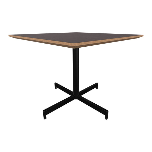 Brown top with light wood edges and a sleek black metal base, featuring a minimalist square design.