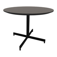 Round black table with a sleek matte finish and minimalist black metal base. Perfect for modern decor.