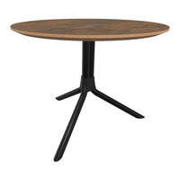 Round table with a warm wood grain top and sleek black metal legs, featuring modern minimalist design.
