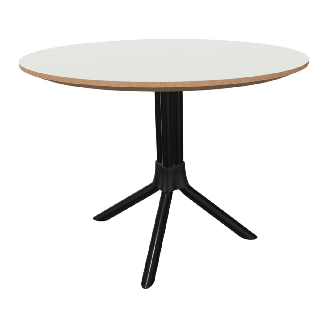 Modern round table with a white top and a sleek black base, featuring a natural wood edge for a stylish contrast.