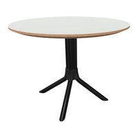 Modern round table with a white top and a sleek black base, featuring a natural wood edge for a stylish contrast.