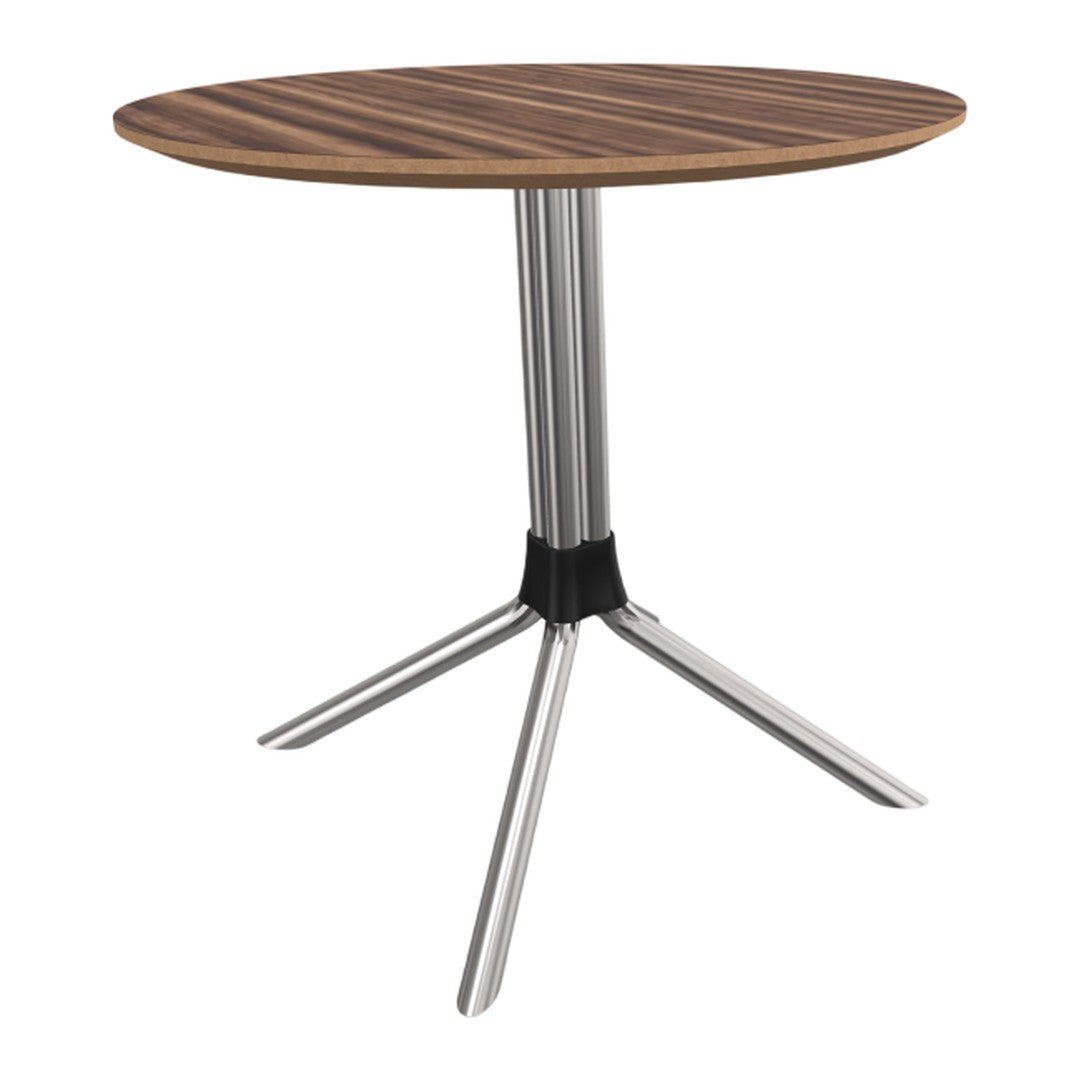 Round wooden table with a rich brown wood grain top and shiny silver metal legs, featuring a sleek black connector.