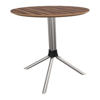 Round wooden table with a rich brown wood grain top and shiny silver metal legs, featuring a sleek black connector.