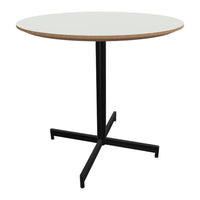 Round white tabletop with natural wood edge and sleek black metal legs, perfect for modern decor.