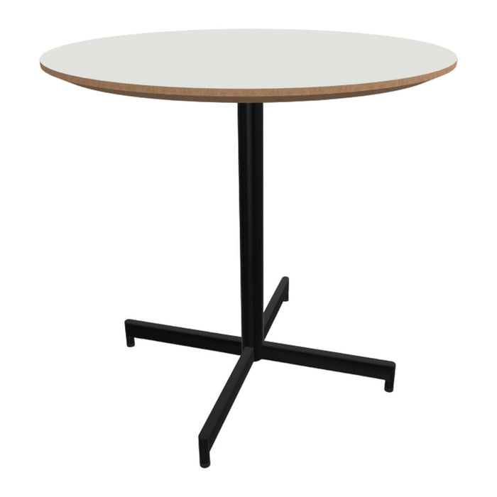 Round white tabletop with natural wood edge and sleek black metal legs, perfect for modern decor.
