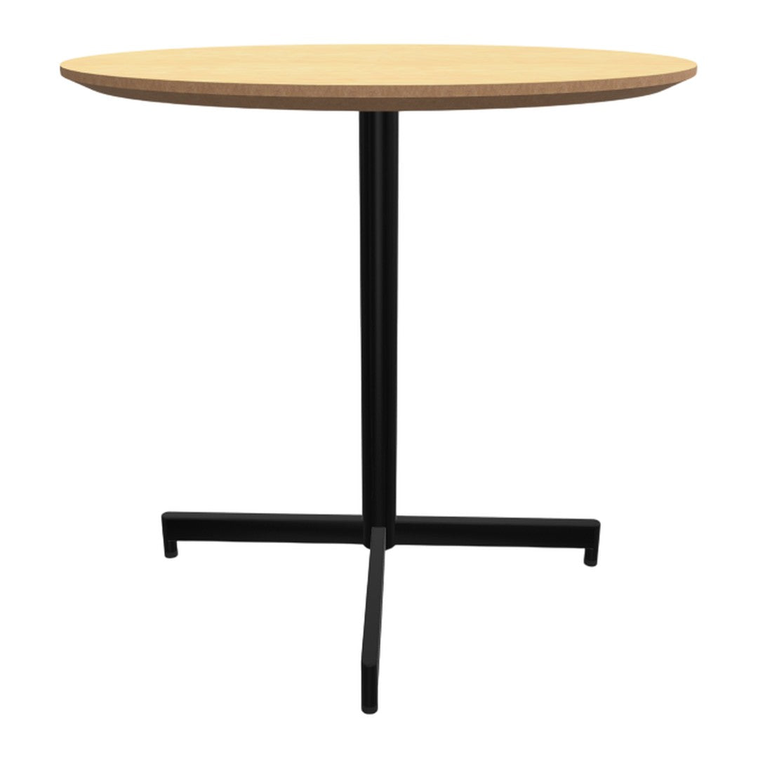 Round table with a natural wood top and sleek black metal legs, showcasing a modern and minimalist design.