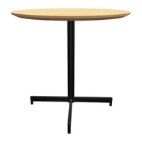 Round table with a natural wood top and sleek black metal legs, showcasing a modern and minimalist design.