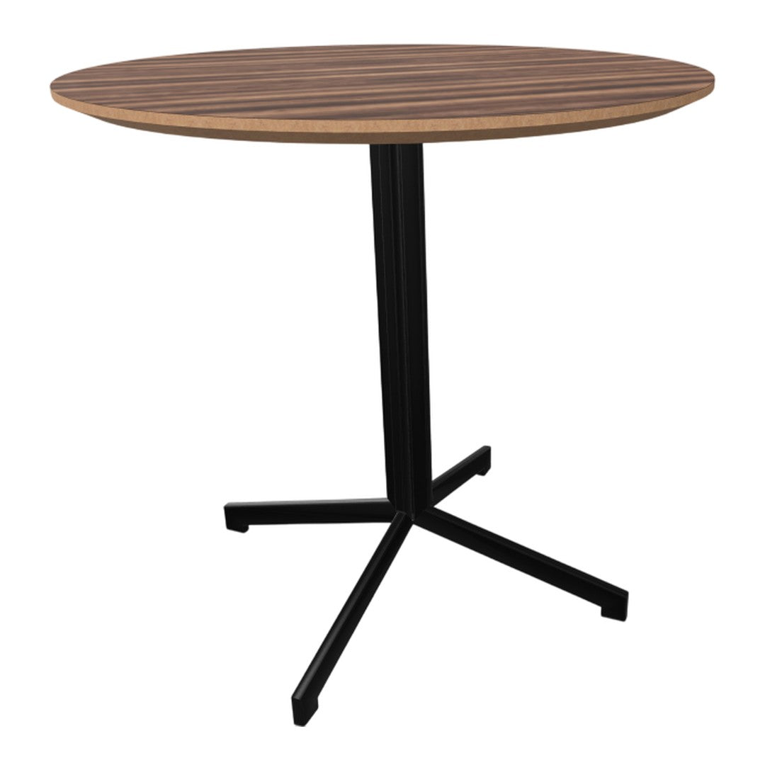 Round wooden table with rich brown stripes and a sleek black metal base. Perfect for modern decor.