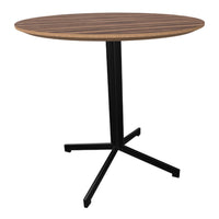 Round wooden table with rich brown stripes and a sleek black metal base. Perfect for modern decor.