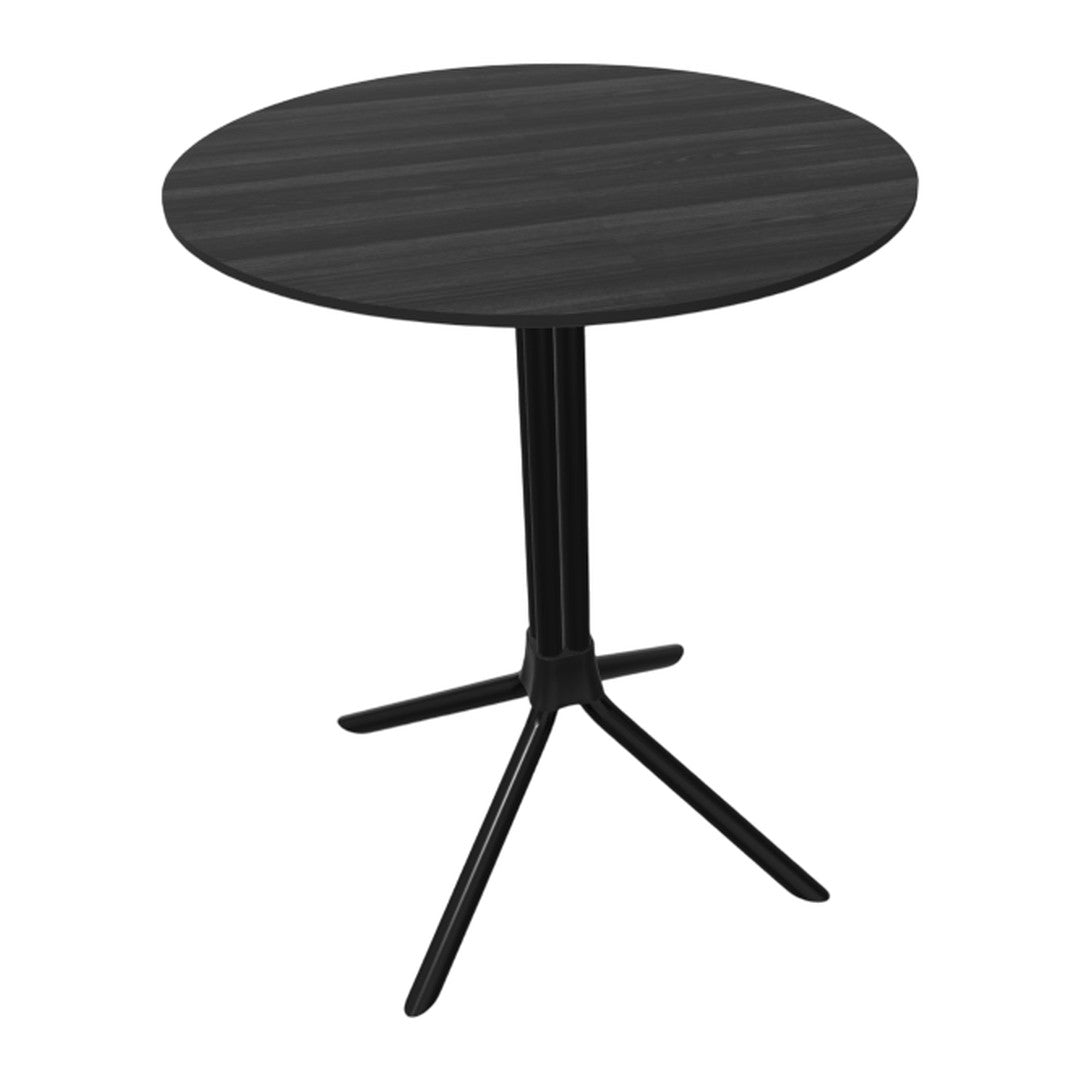 Round black table with a sleek wood grain pattern on the tabletop and a minimalist black metal base.