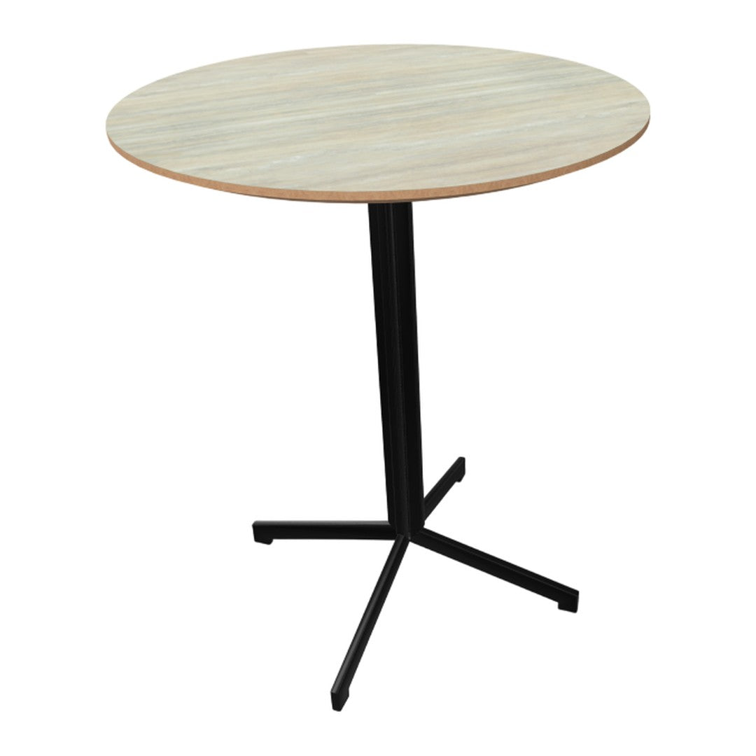 Round wooden table with a light wood grain top and a sleek black metal base, ideal for modern decor.