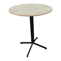 Round wooden table with a light wood grain top and a sleek black metal base, ideal for modern decor.