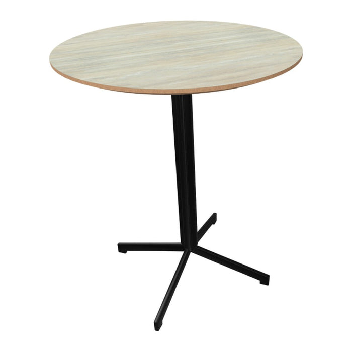 Round wooden table with a light wood grain top and a sleek black metal base, ideal for modern decor.