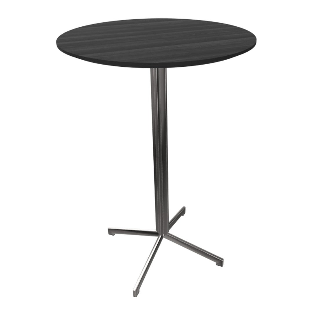 Round black dining table with a sleek metal base, featuring a smooth wood grain pattern. Perfect for modern interiors.