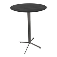 Round black dining table with a sleek metal base, featuring a smooth wood grain pattern. Perfect for modern interiors.