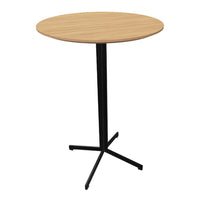 Round wooden top with light oak finish, sleek black metal base, minimalist design suitable for modern decor.