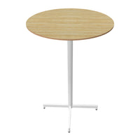 Round wooden table with a light oak finish and a sleek white metal base, perfect for modern spaces.