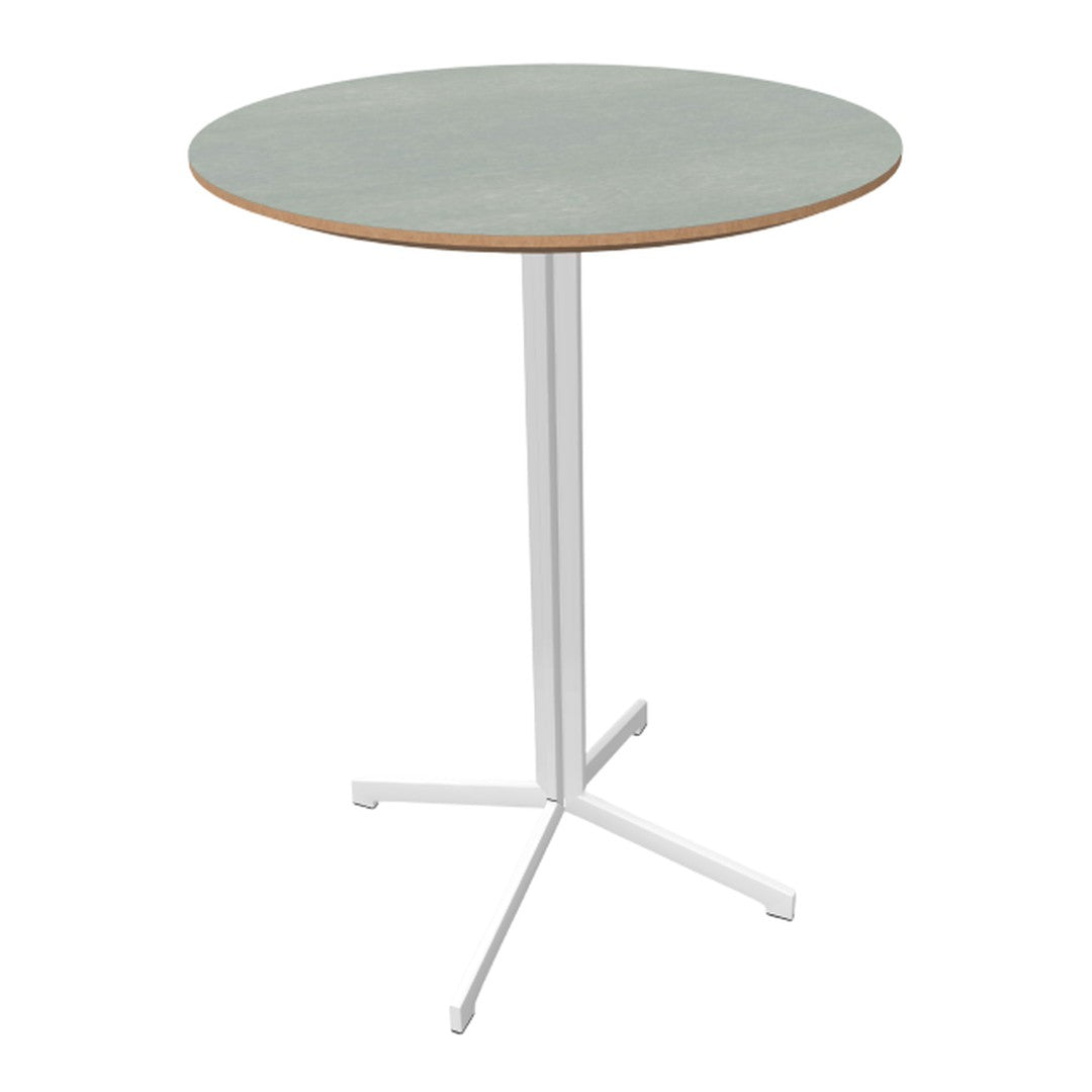 Round table with a smooth gray top and a natural wood edge, supported by a sleek white base. Modern and versatile design.
