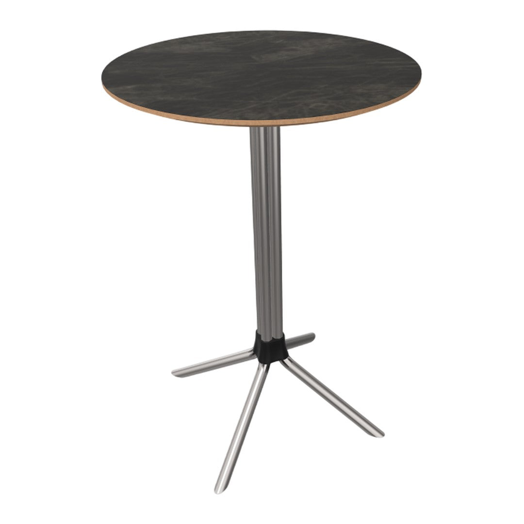 Round table featuring a dark marble top with a natural wood trim and sleek silver metal legs. Modern and stylish design.