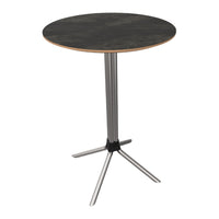 Round table featuring a dark marble top with a natural wood trim and sleek silver metal legs. Modern and stylish design.
