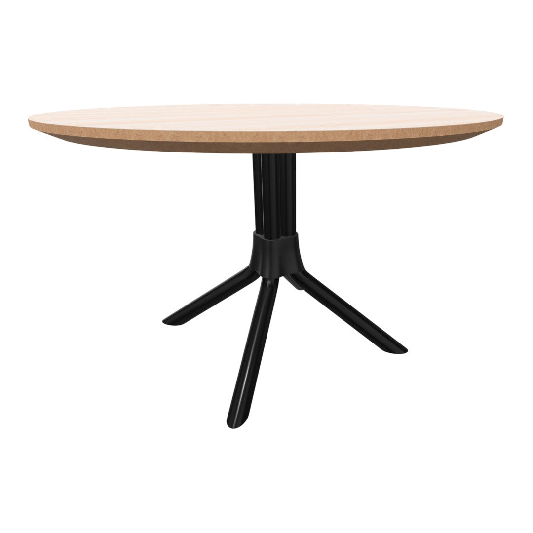 Round wooden table with a light tan wood top and a sleek black metal base, featuring a minimalist design.