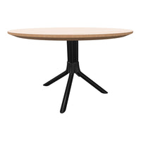 Round wooden table with a light tan wood top and a sleek black metal base, featuring a minimalist design.