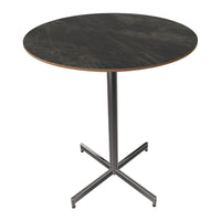 Round table with a dark marble top and wooden edge, featuring a sleek silver metal base. Perfect for modern decor.